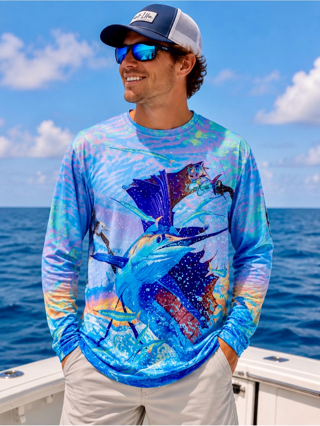 Ernest Garcia Men's Blue Marlin Graphic Long Sleeve Performance Shirt 2x